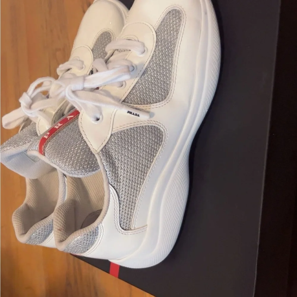 Prada Men’s White, Silver & Red Mesh Leather Sneakers - Picture 6 of 9
